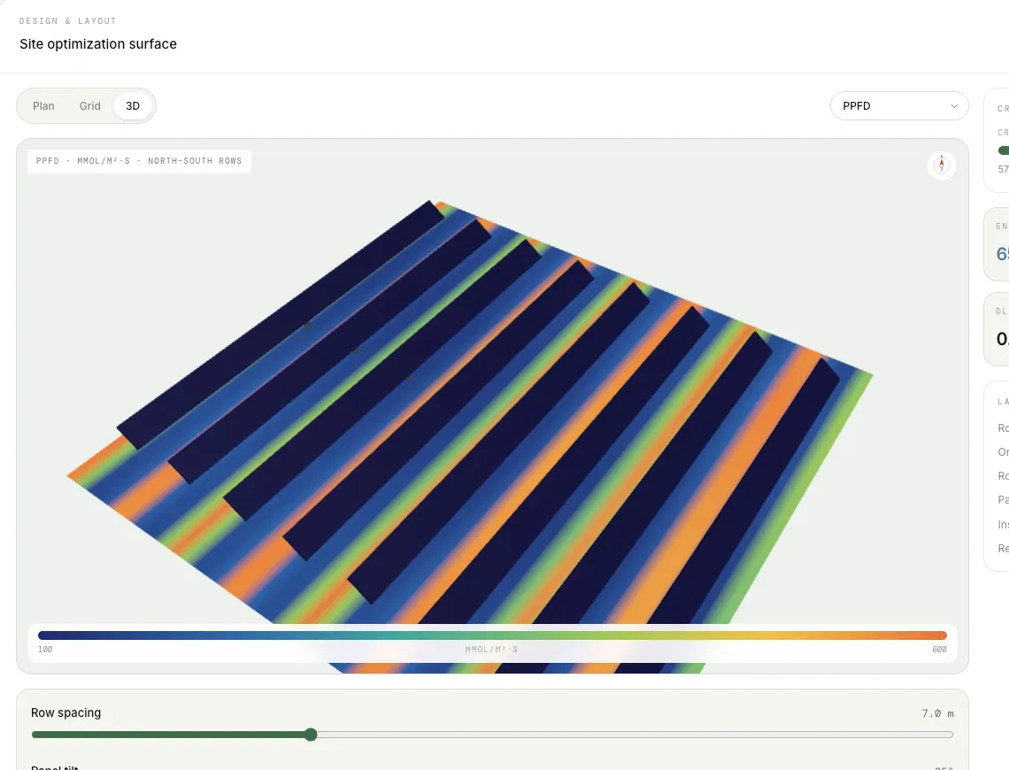 terraEL design and layout optimization view with a 3D agrivoltaic simulation surface